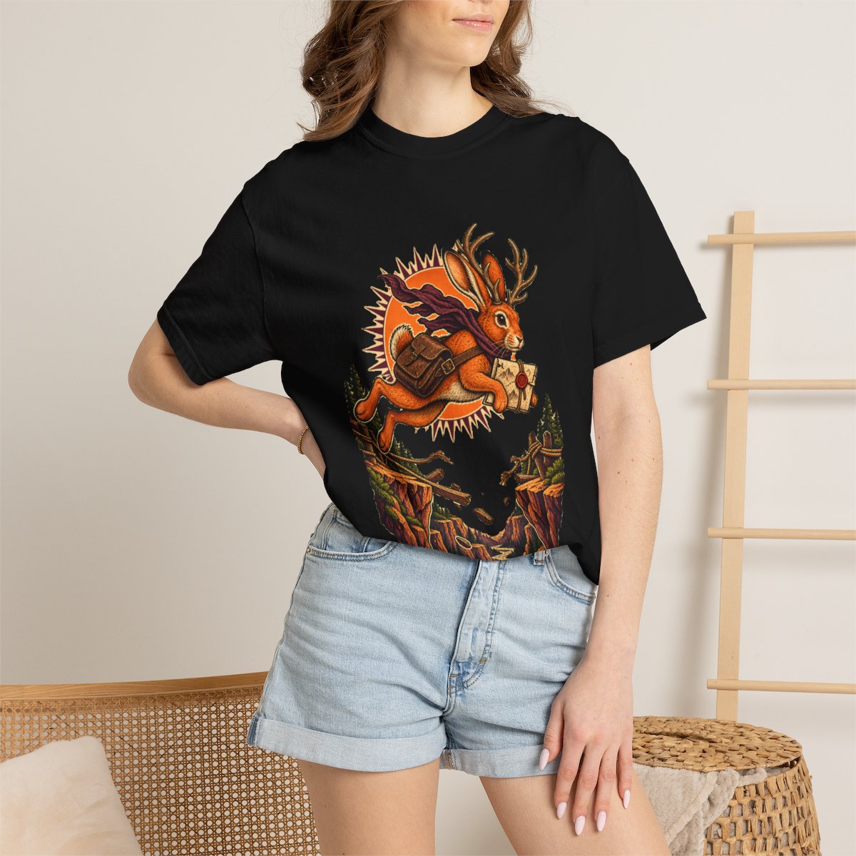 Antler Express Tee worn Printify context view on a Black Comfort Colors 1717 tee