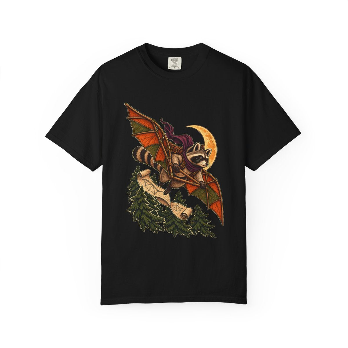 Night Glider Tee large front print on a Black Comfort Colors 1717 tee