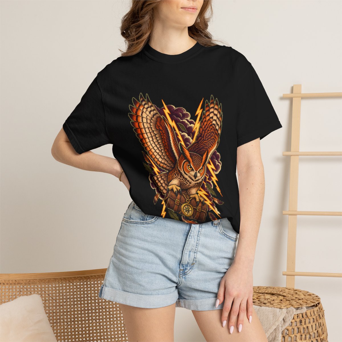 Thunderwing Post Tee worn Printify context view on a Black Comfort Colors 1717 tee