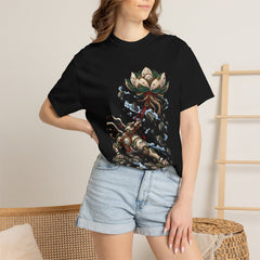 Gravity Lotus Tee worn Printify context view on a Black Comfort Colors 1717 tee