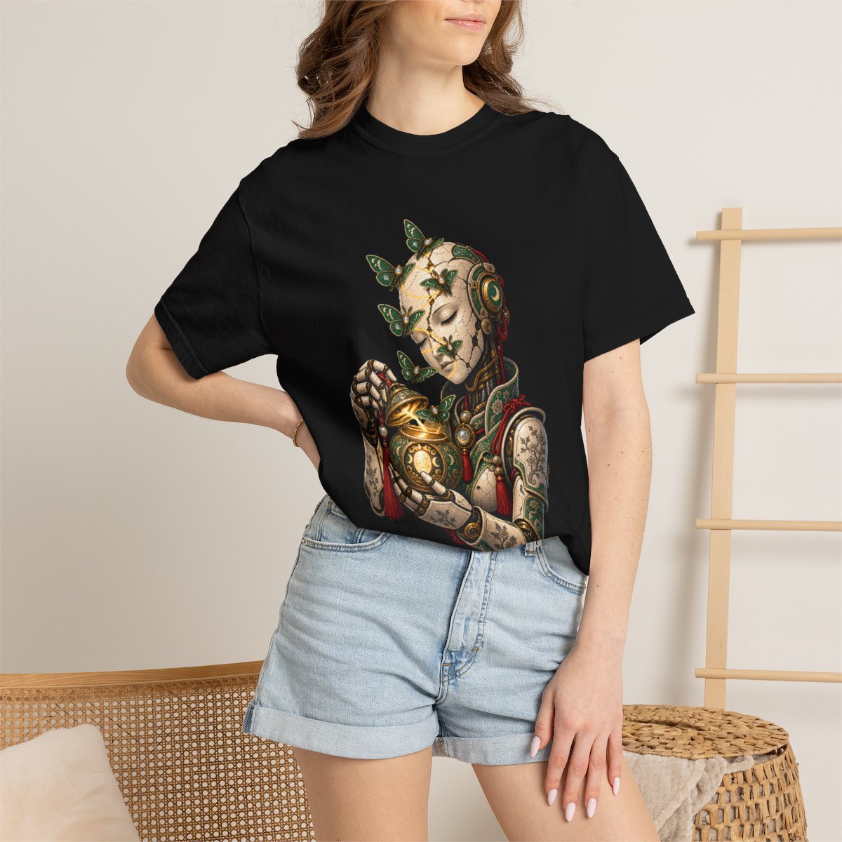 Lantern Mender Tee worn Printify context view on a Black Comfort Colors 1717 tee