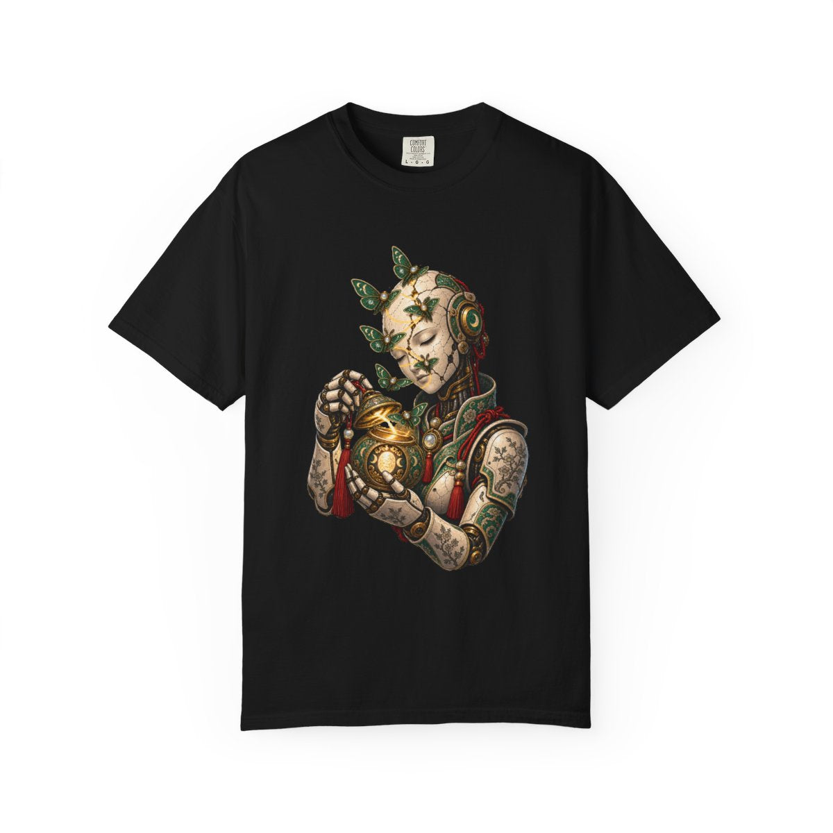 Lantern Mender Tee large front print on a Black Comfort Colors 1717 tee