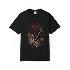 Split Crown Tee large front print on a Black Comfort Colors 1717 tee