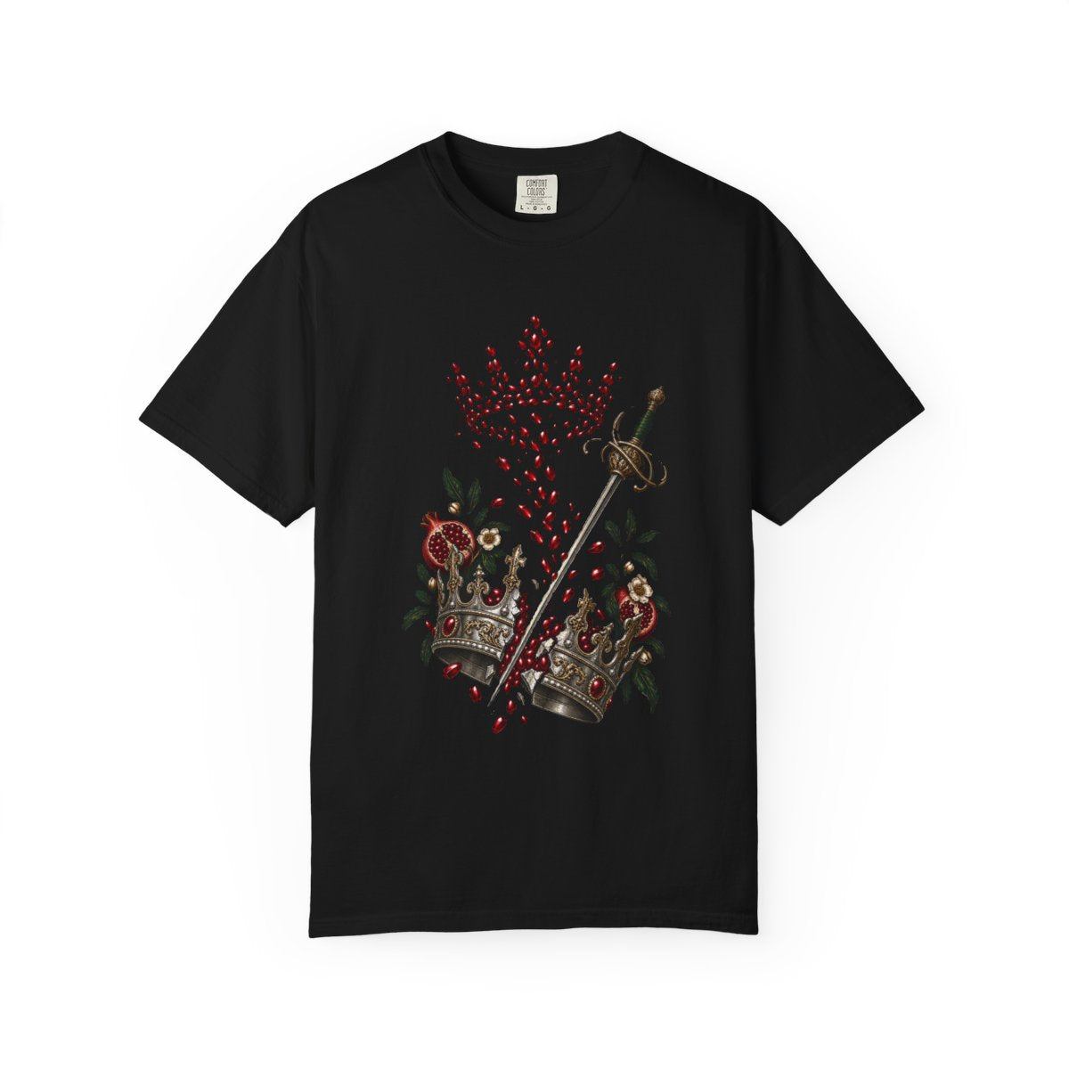 Split Crown Tee large front print on a Black Comfort Colors 1717 tee