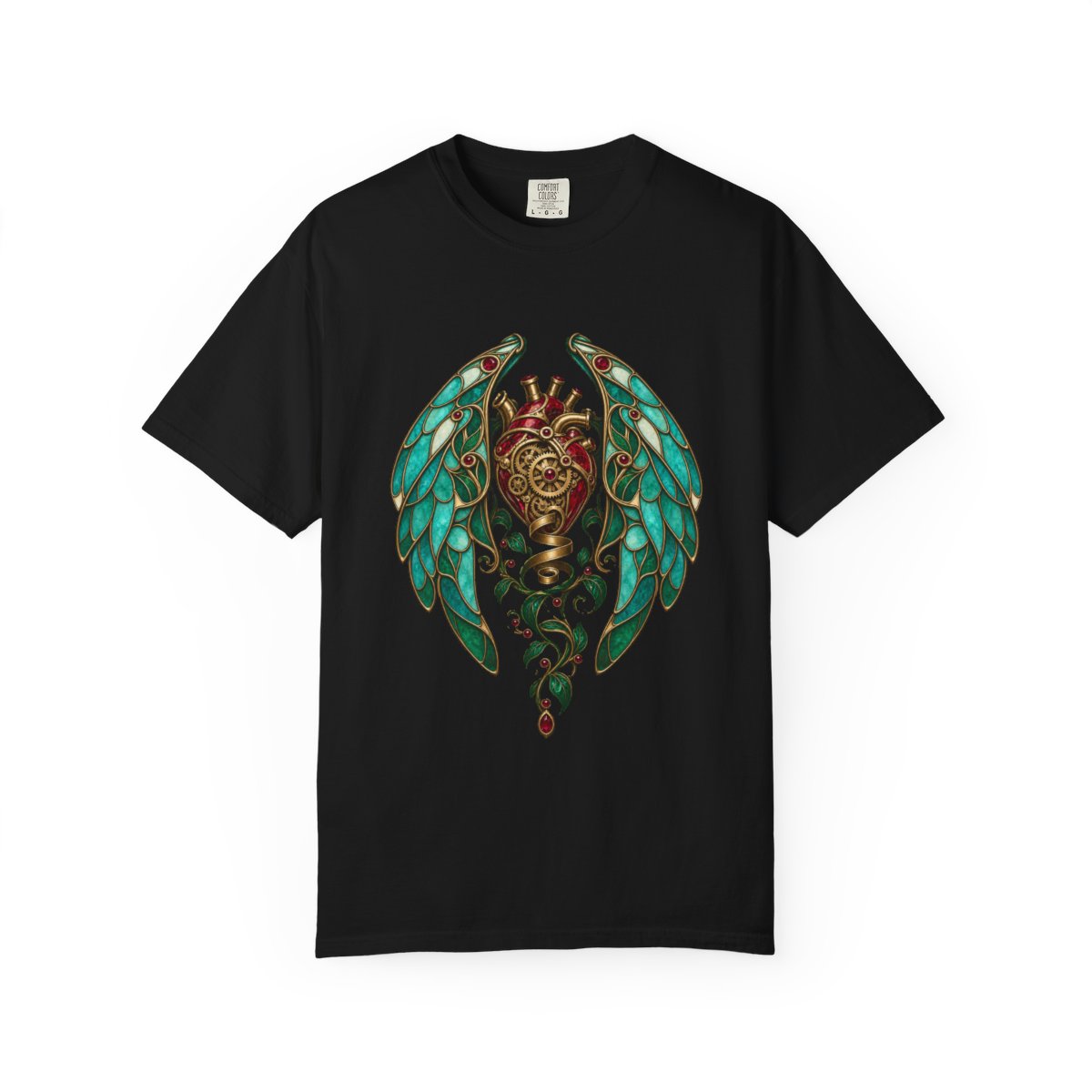 Clockheart Tee large front print on a Black Comfort Colors 1717 tee