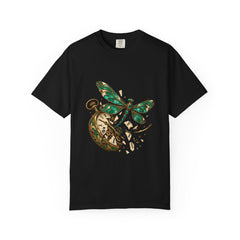 Glasswing Escape Tee large front print on a Black Comfort Colors 1717 tee