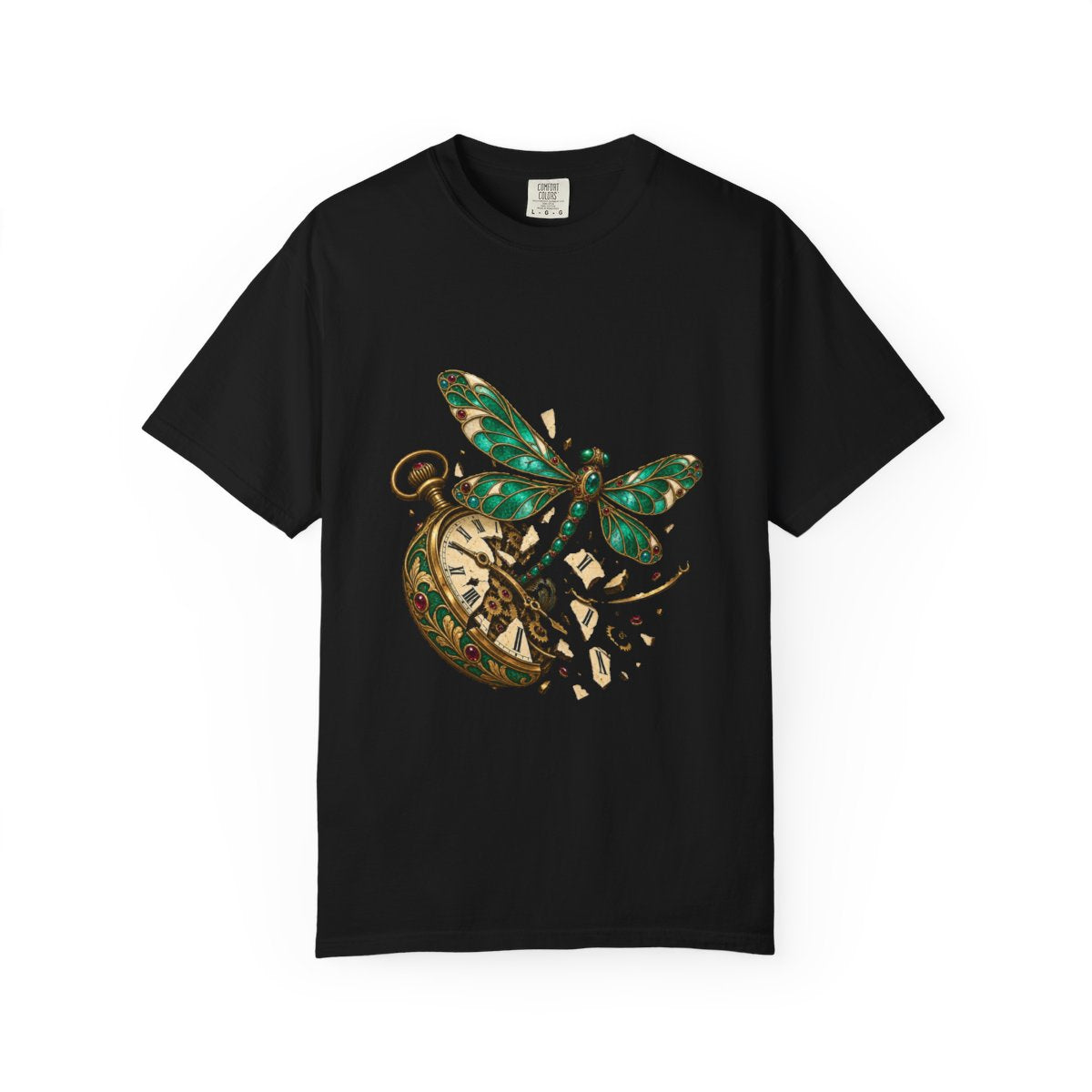 Glasswing Escape Tee large front print on a Black Comfort Colors 1717 tee
