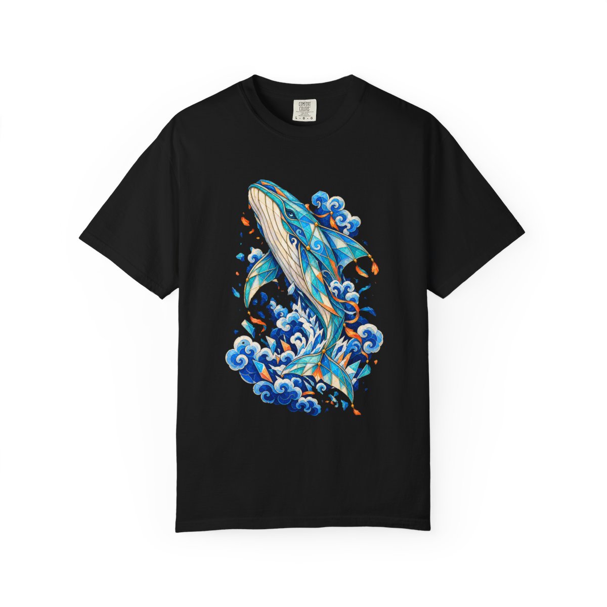 Cloudbreak Whale Tee large front print on a Black Comfort Colors 1717 tee
