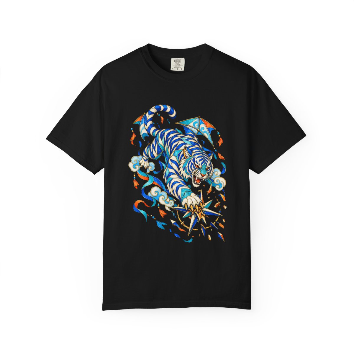 Compass Tiger Tee large front print on a Black Comfort Colors 1717 tee