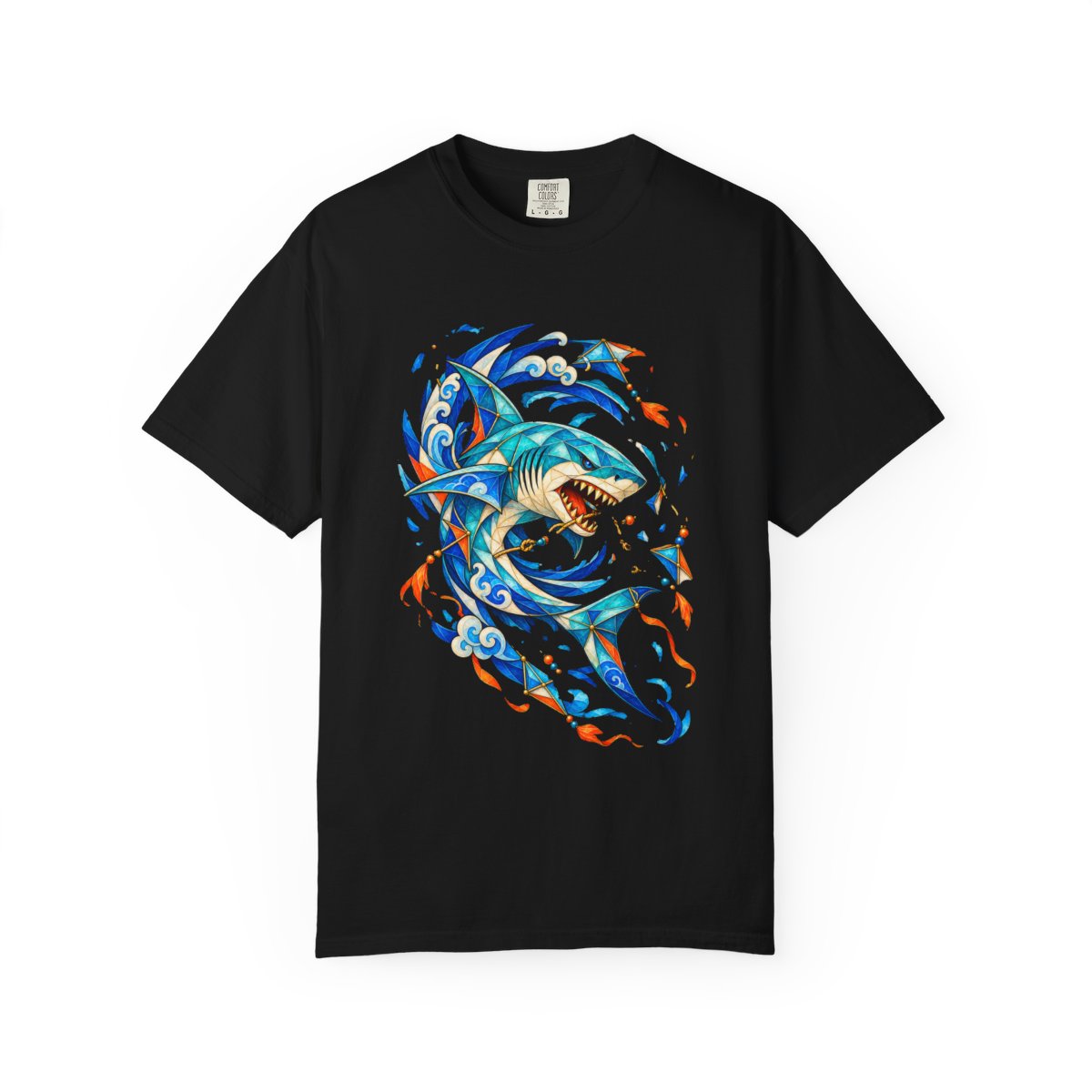 Cyclone Shark Tee large front print on a Black Comfort Colors 1717 tee