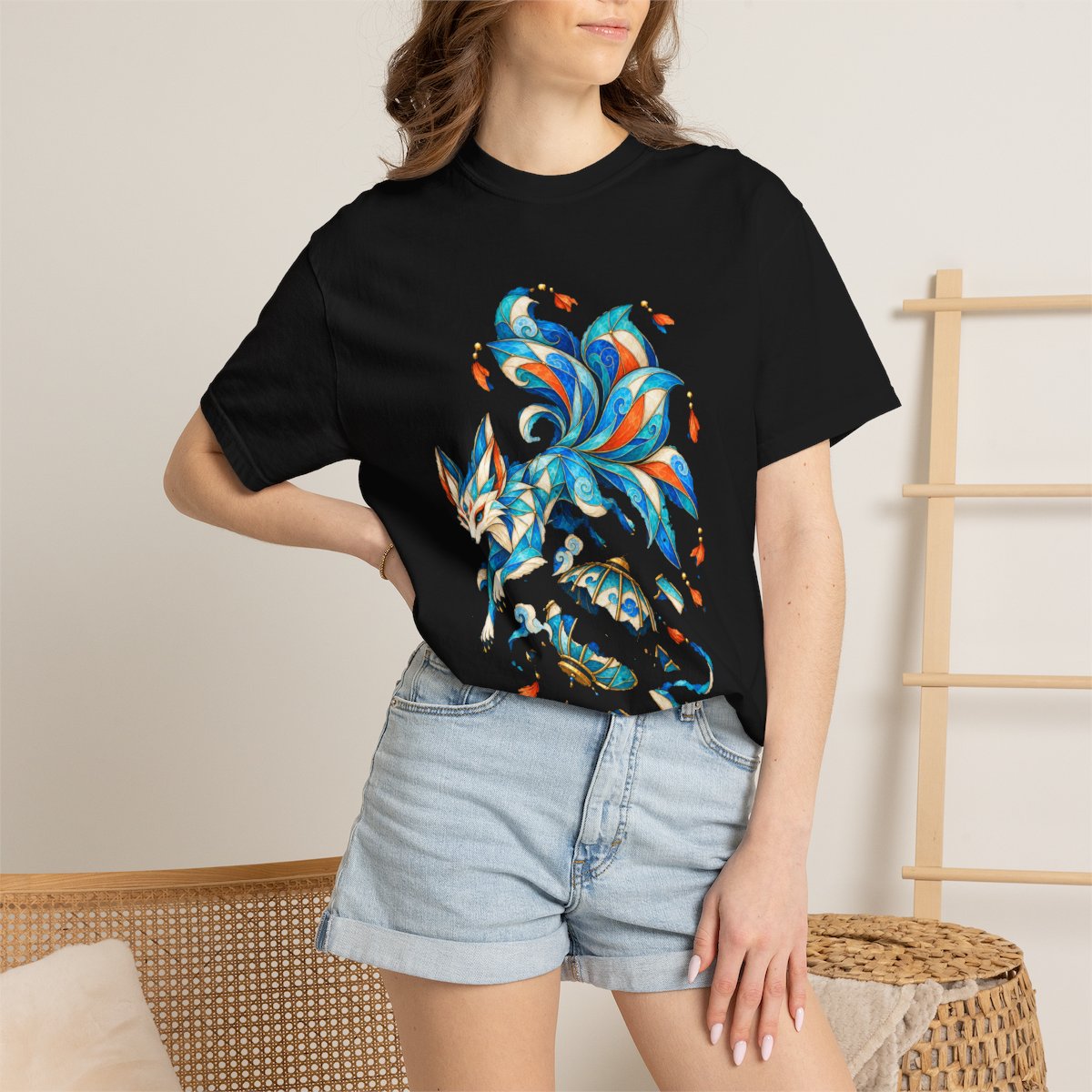 Lanternfox Escape Tee worn Printify context view on a Black Comfort Colors 1717 tee