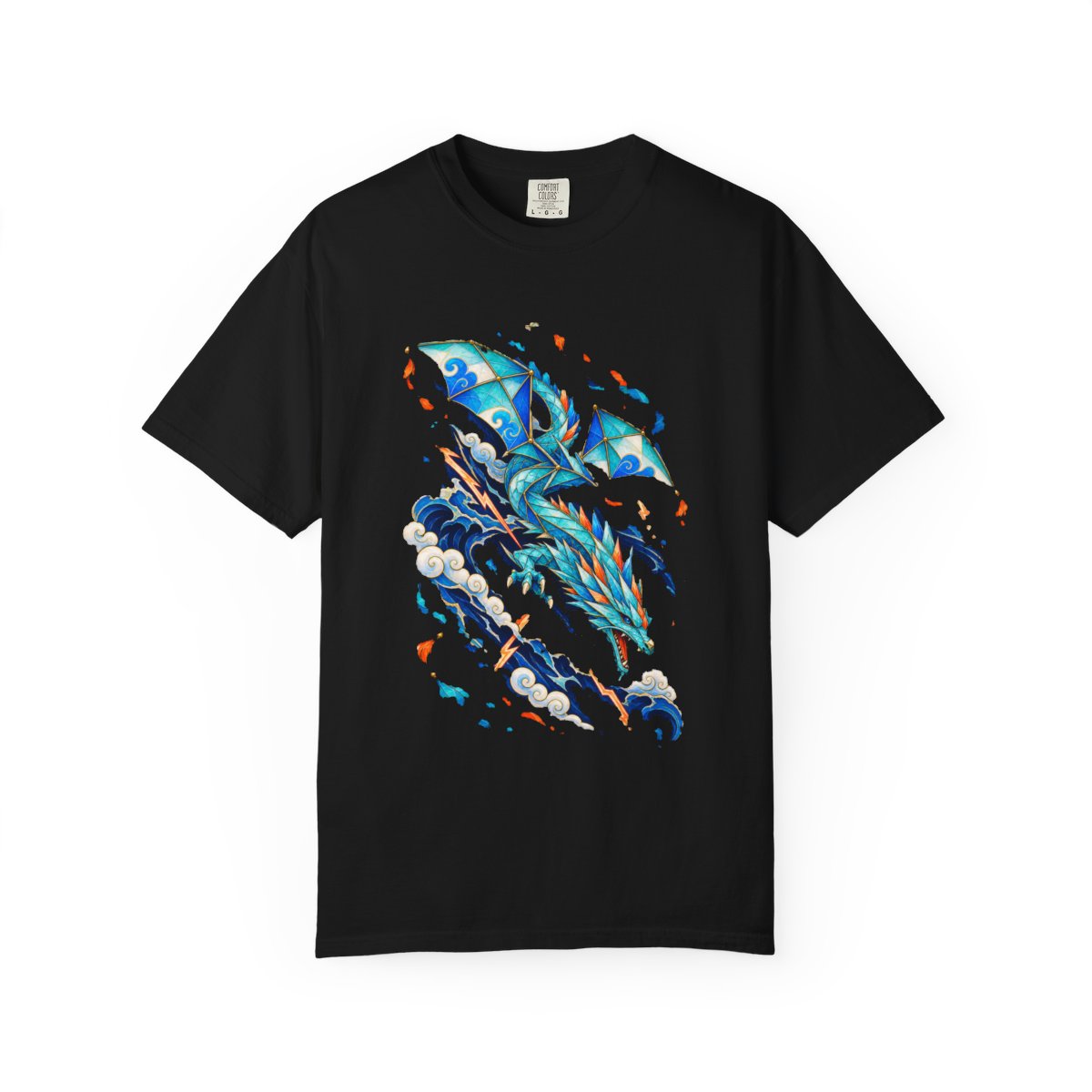 Stormcut Dragon Tee large front print on a Black Comfort Colors 1717 tee