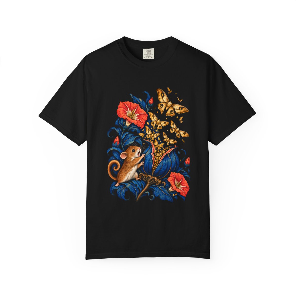Moonpod Dormouse Tee large front print on a Black Comfort Colors 1717 tee