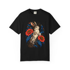 Rootbound Rabbit Tee large front print on a Black Comfort Colors 1717 tee