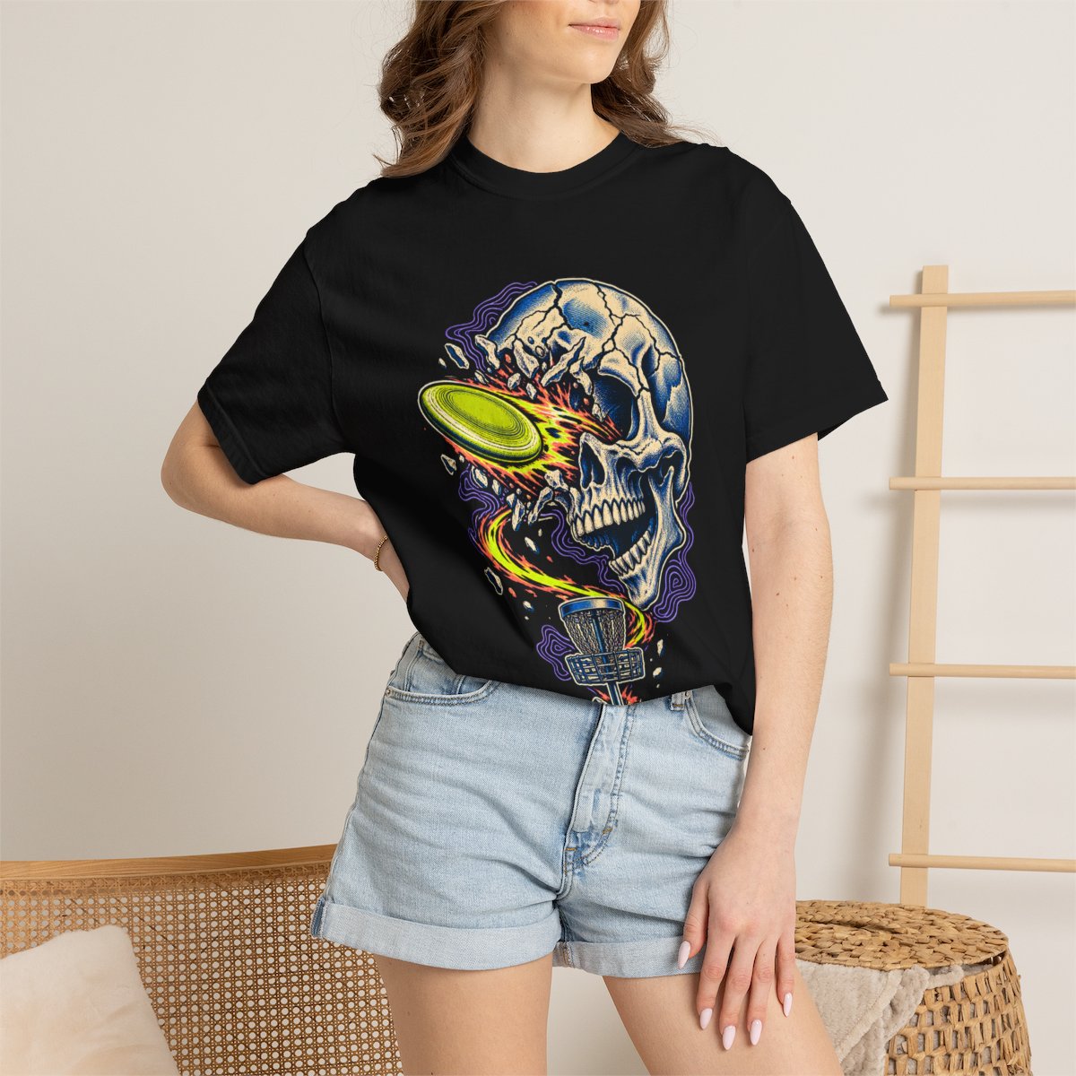 Bone Flight Tee worn Printify context view on a Black Comfort Colors 1717 tee