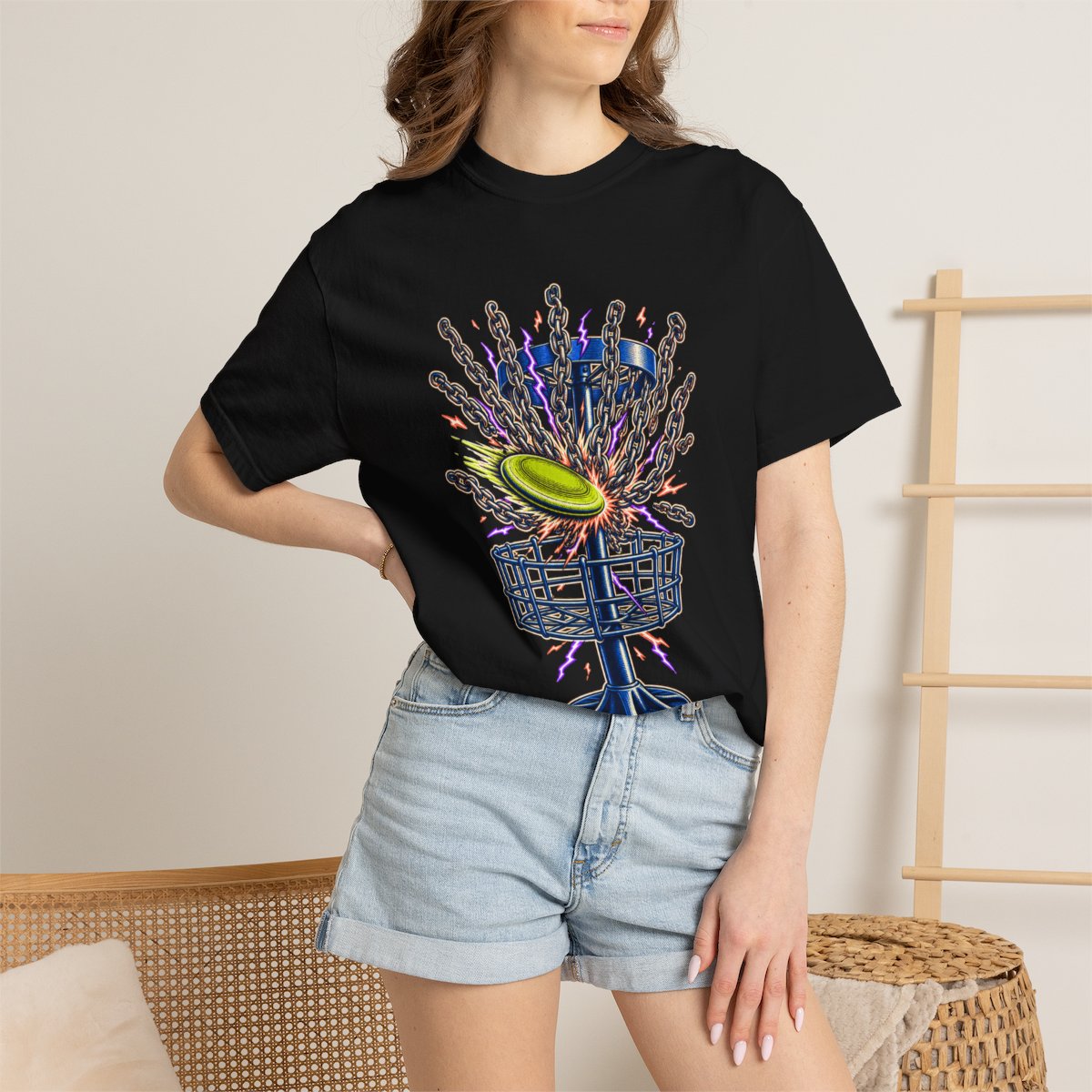Chainstorm Ace Tee worn Printify context view on a Black Comfort Colors 1717 tee