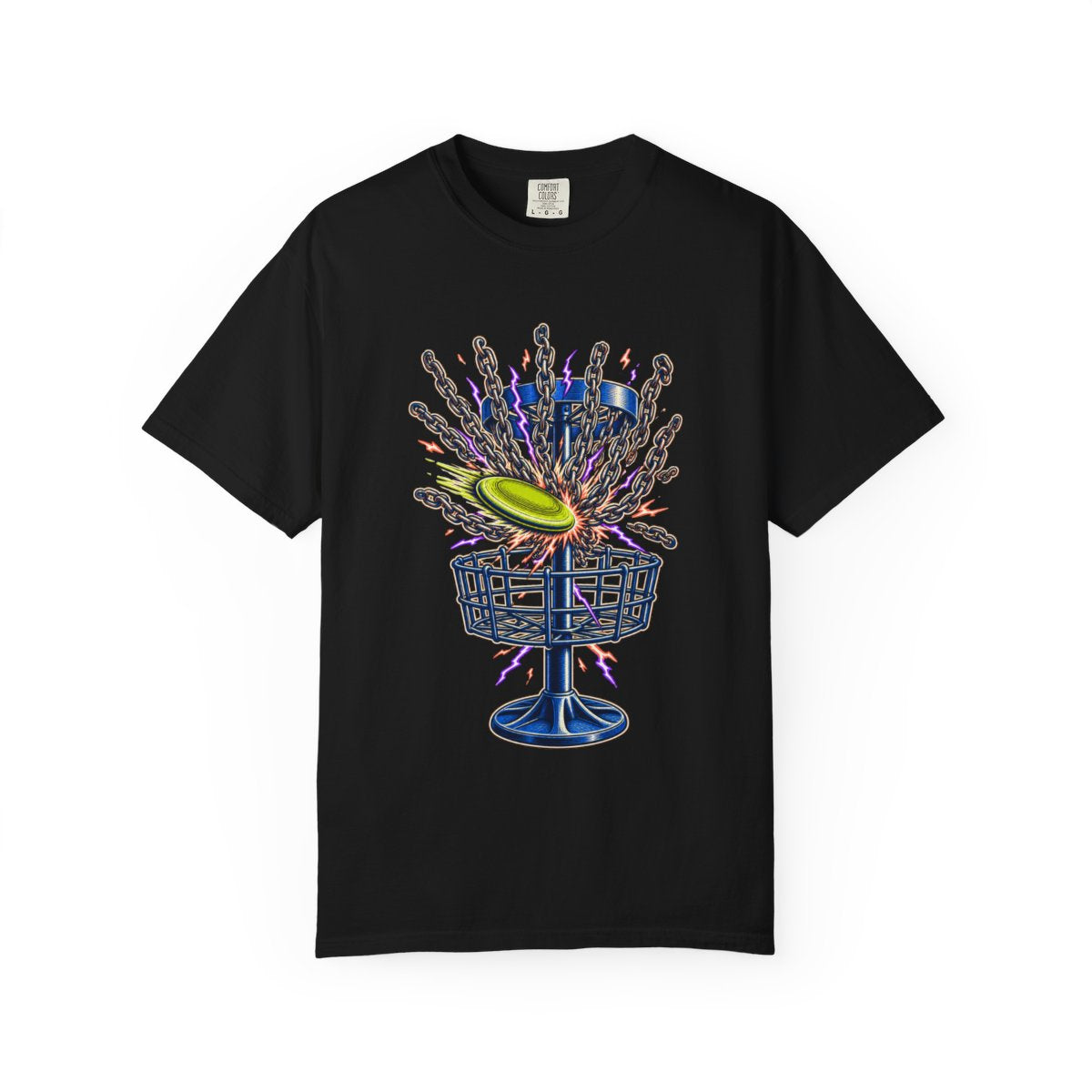 Chainstorm Ace Tee large front print on a Black Comfort Colors 1717 tee