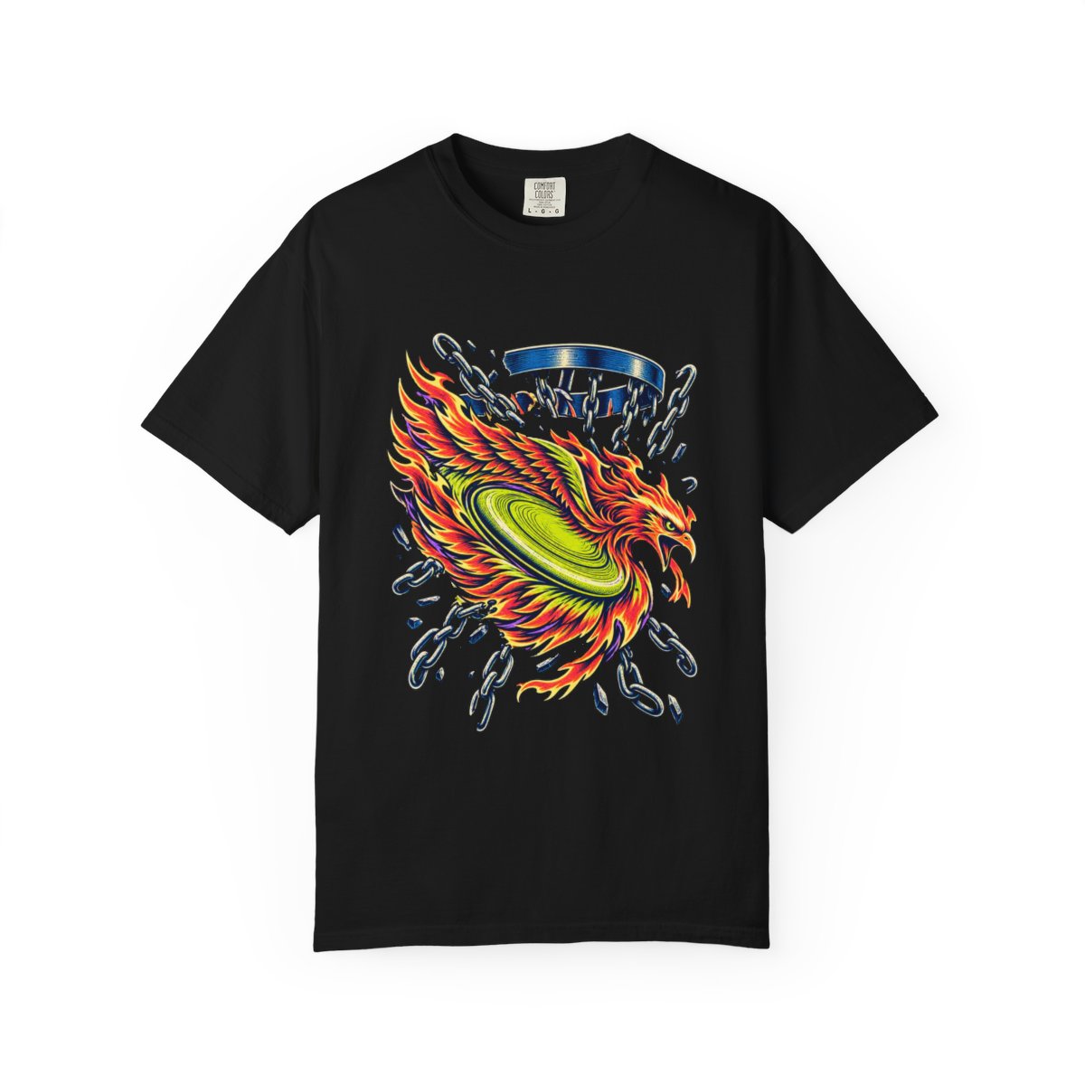 Firewheel Phoenix Tee large front print on a Black Comfort Colors 1717 tee