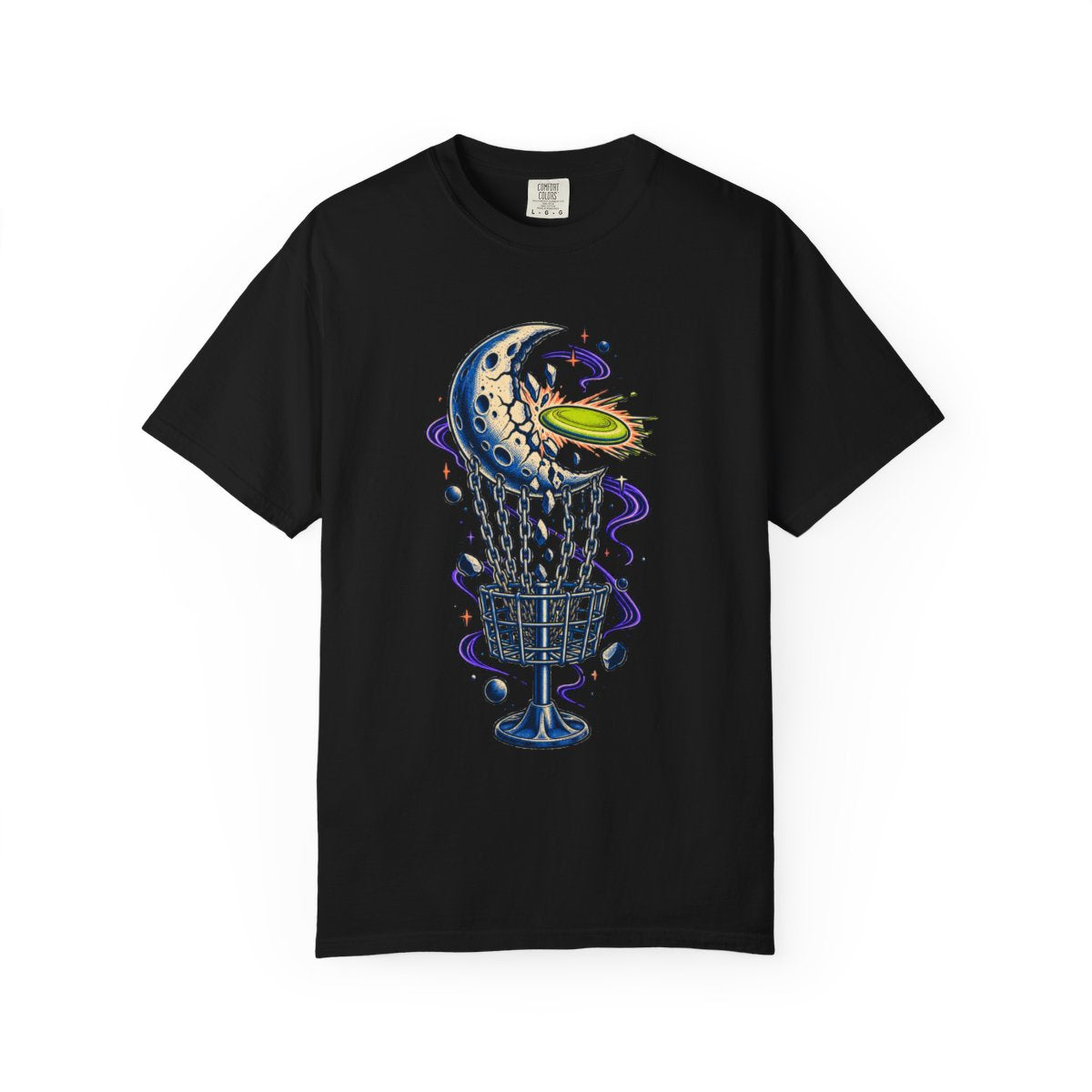 Moon Skip Tee large front print on a Black Comfort Colors 1717 tee