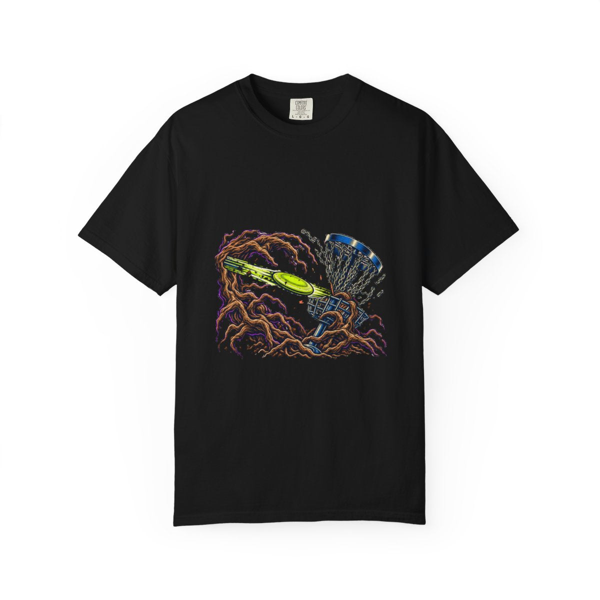 Root Trap Tee large front print on a Black Comfort Colors 1717 tee
