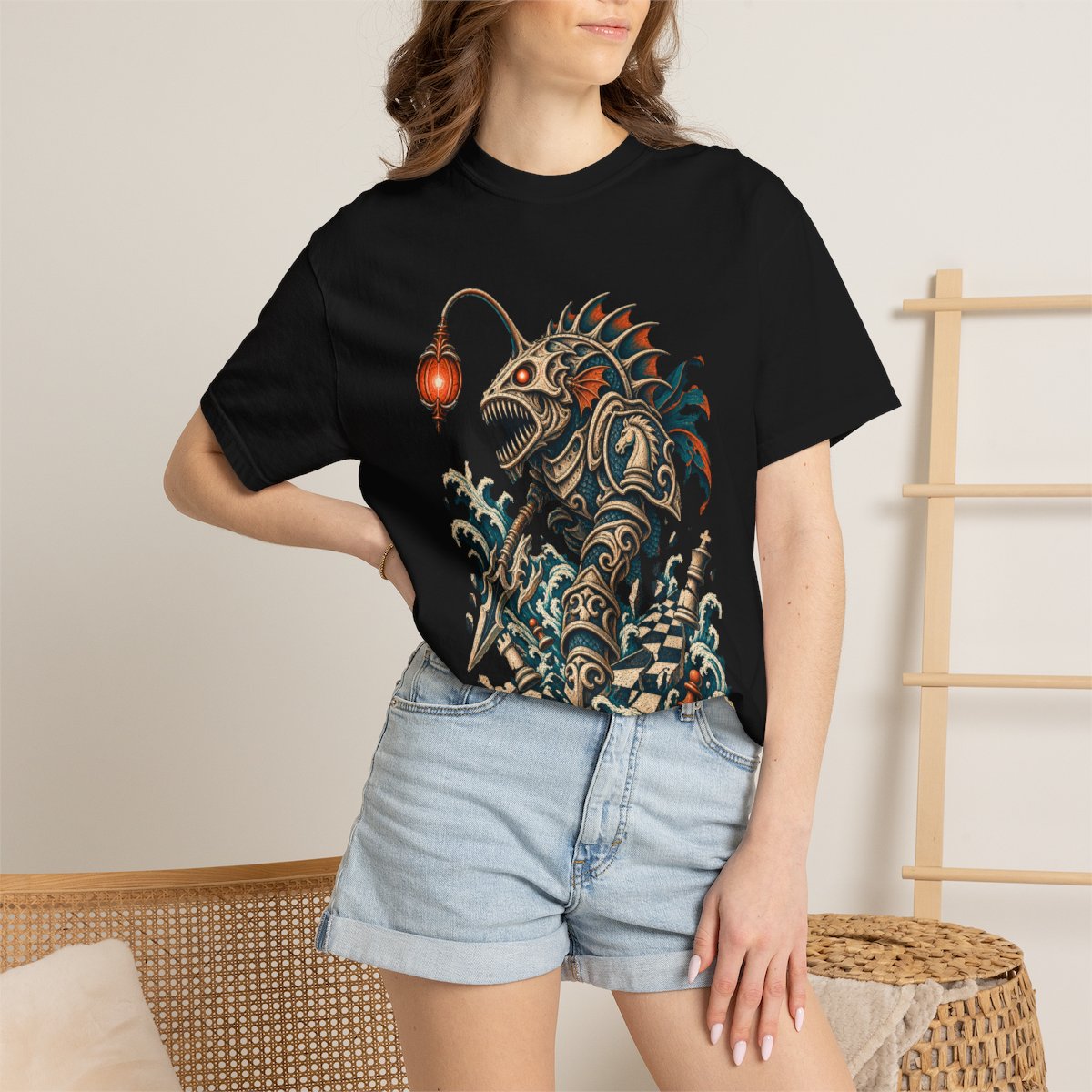 Deep Gambit Tee worn Printify context view on a Black Comfort Colors 1717 tee