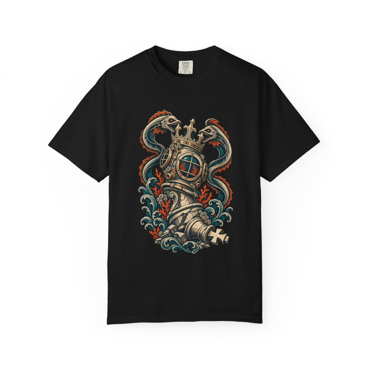Drowned King Tee large front print on a Black Comfort Colors 1717 tee
