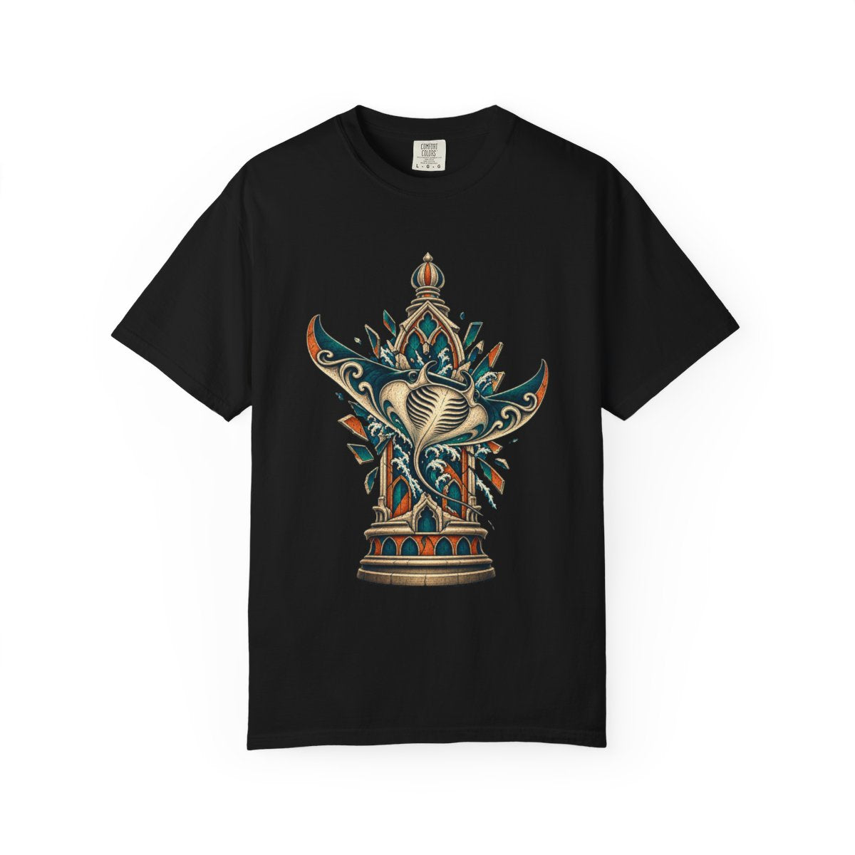 Riptide Bishop Tee large front print on a Black Comfort Colors 1717 tee