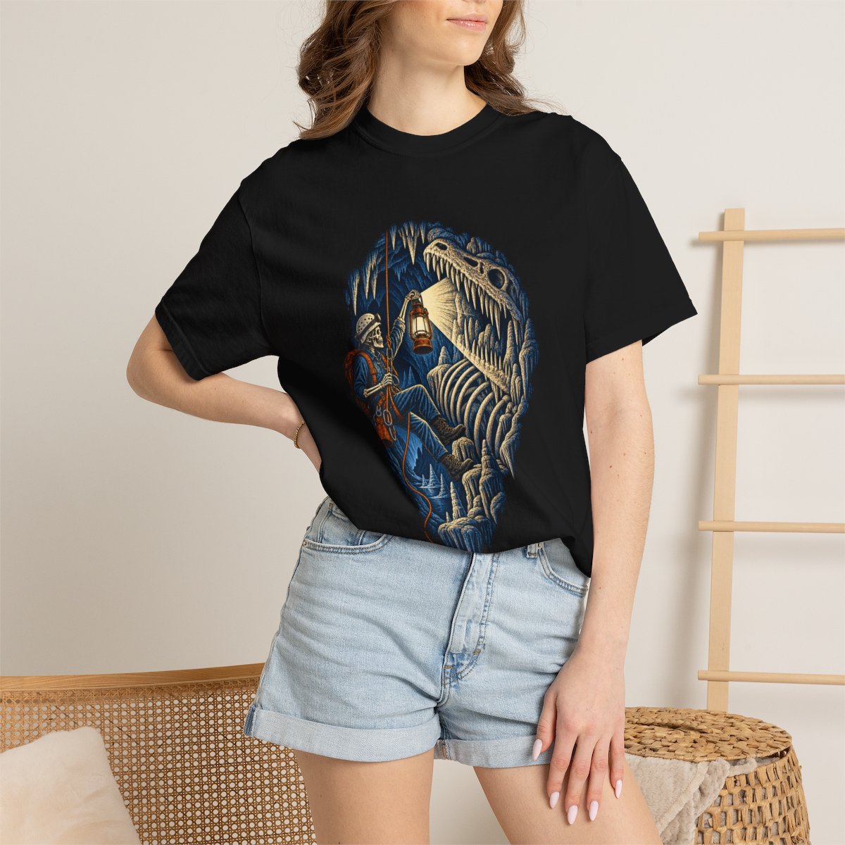 Bone Lantern Tee worn Printify context view on a Black Comfort Colors 1717 tee