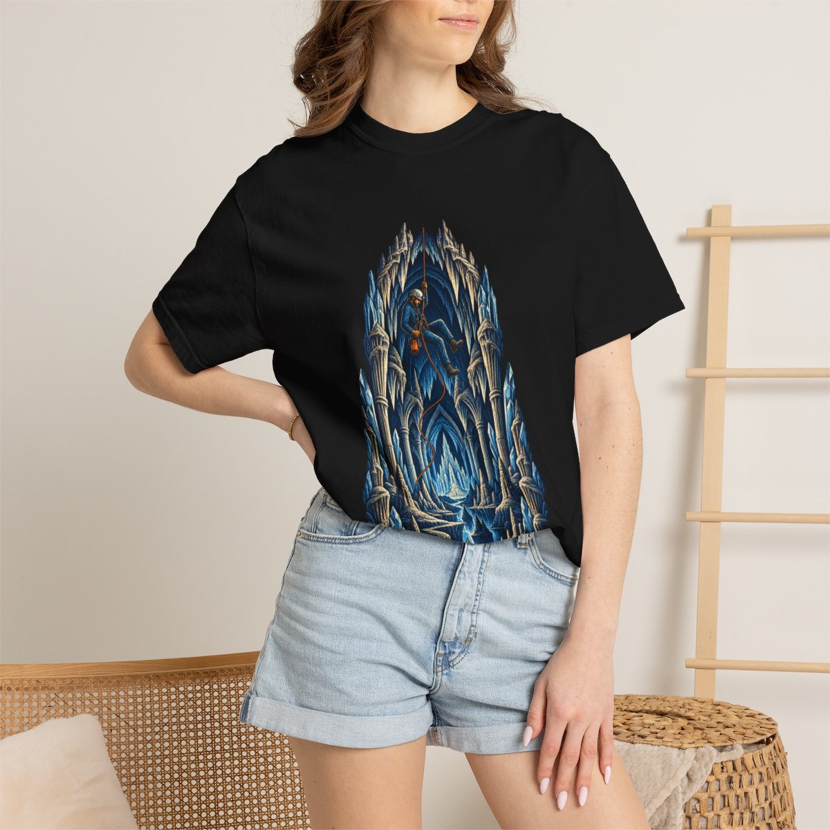 Cathedral Drop Tee worn Printify context view on a Black Comfort Colors 1717 tee