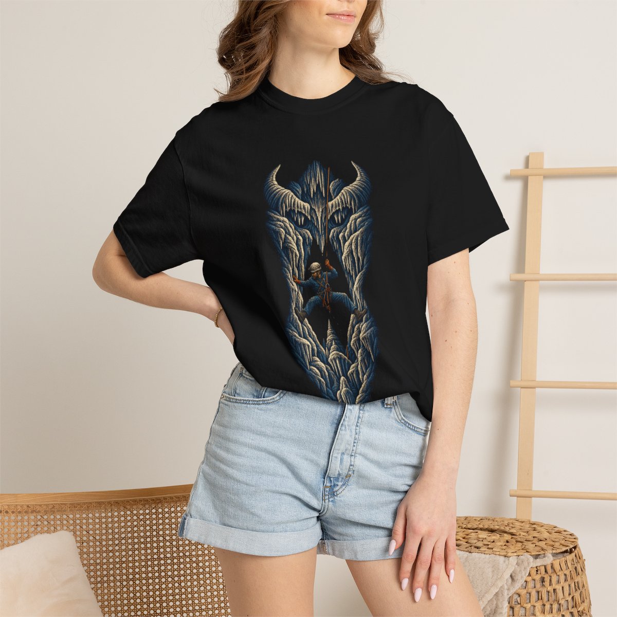 Devil's Chimney Tee worn Printify context view on a Black Comfort Colors 1717 tee