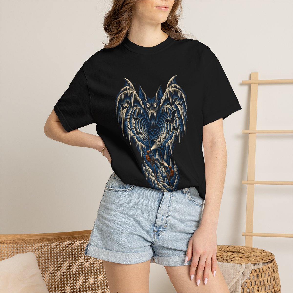 Echo Beast Tee worn Printify context view on a Black Comfort Colors 1717 tee