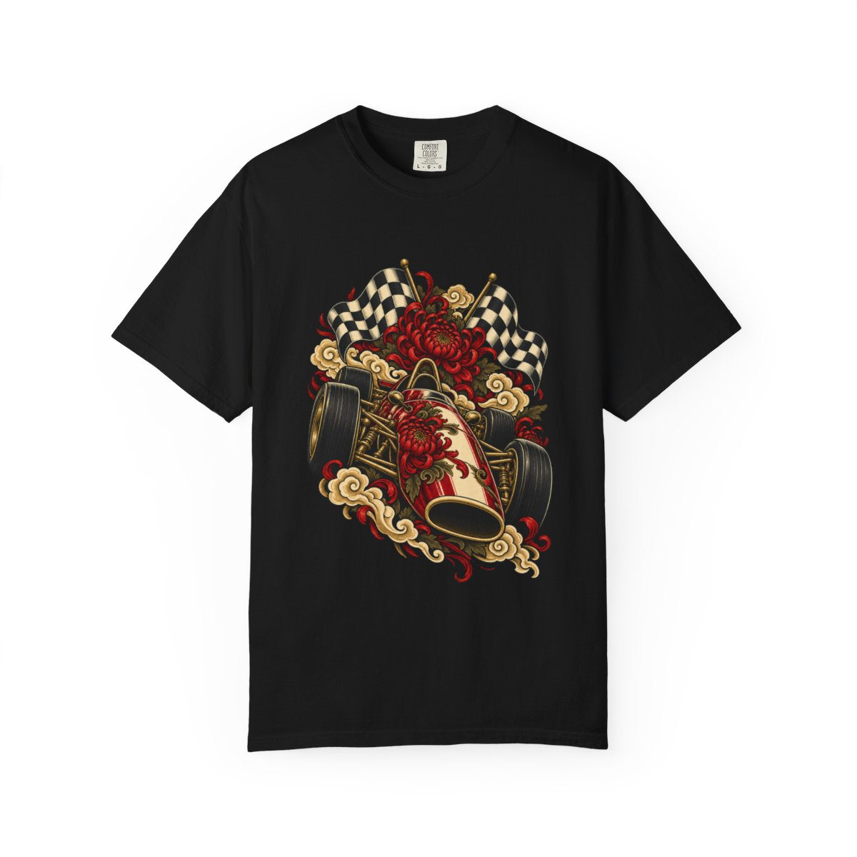 First Place Dies Last Tee large front print on a Black Comfort Colors 1717 tee