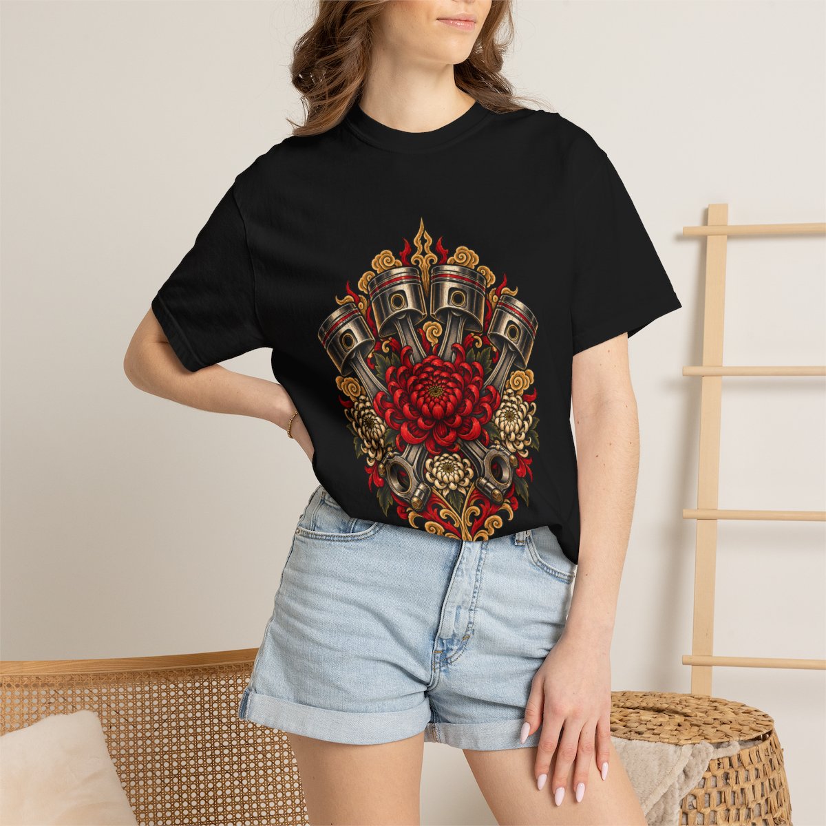 Piston Crown Tee worn Printify context view on a Black Comfort Colors 1717 tee