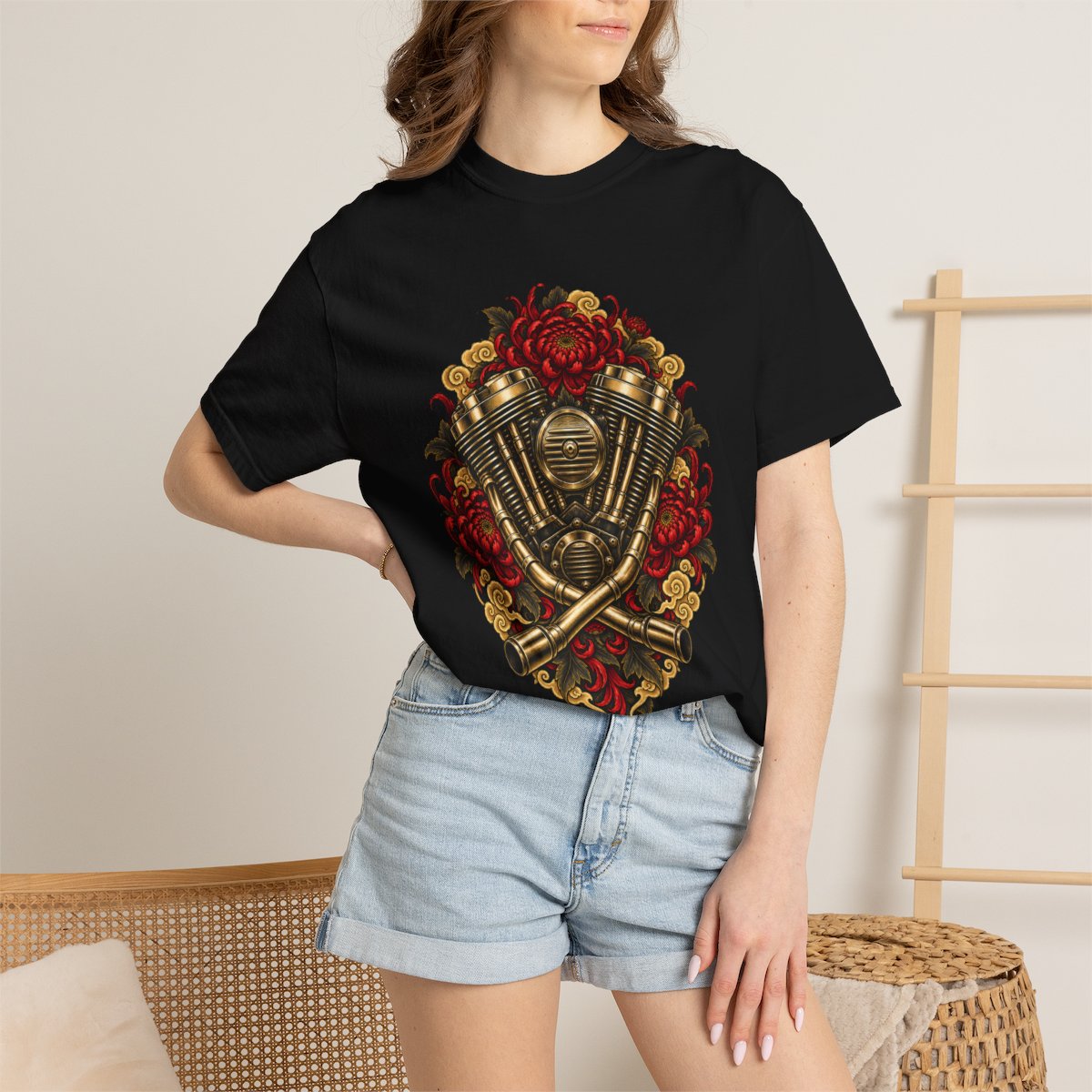 V-Twin Requiem Tee worn Printify context view on a Black Comfort Colors 1717 tee