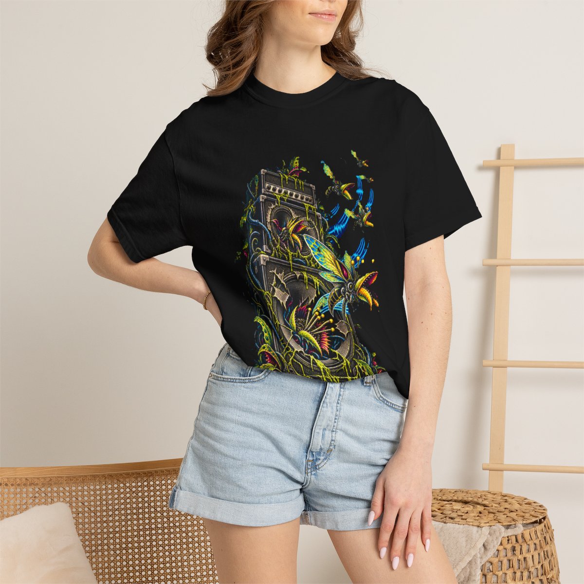 Amp Hive Tee worn Printify context view on a Black Comfort Colors 1717 tee