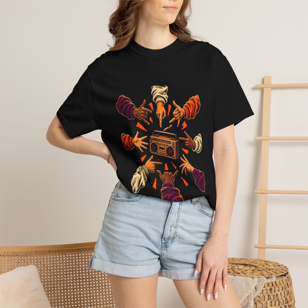 Cypher Crown Tee worn Printify context view on a Black Comfort Colors 1717 tee