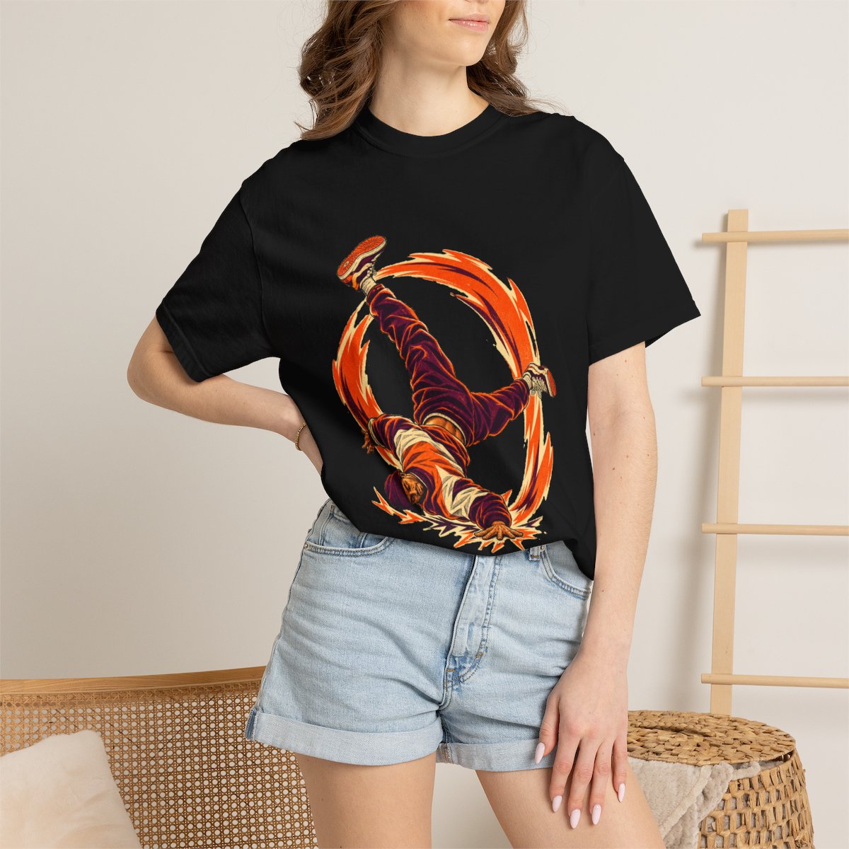 Floorfire Tee worn Printify context view on a Black Comfort Colors 1717 tee