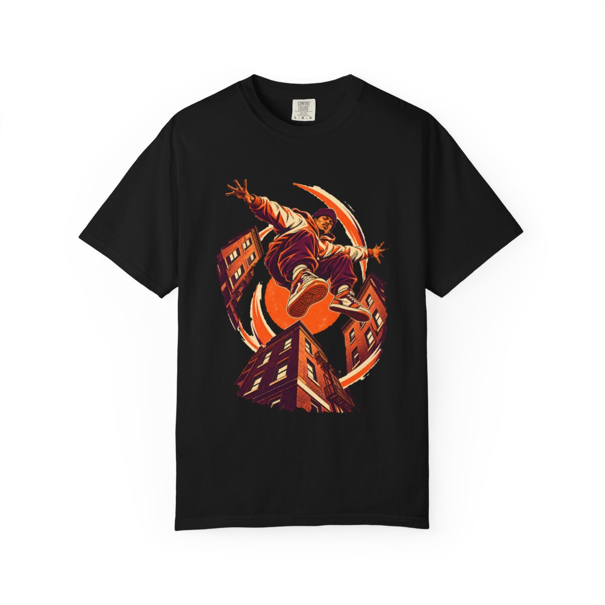 Gravity Theft Tee large front print on a Black Comfort Colors 1717 tee