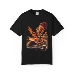 Needle Drop Tee large front print on a Black Comfort Colors 1717 tee