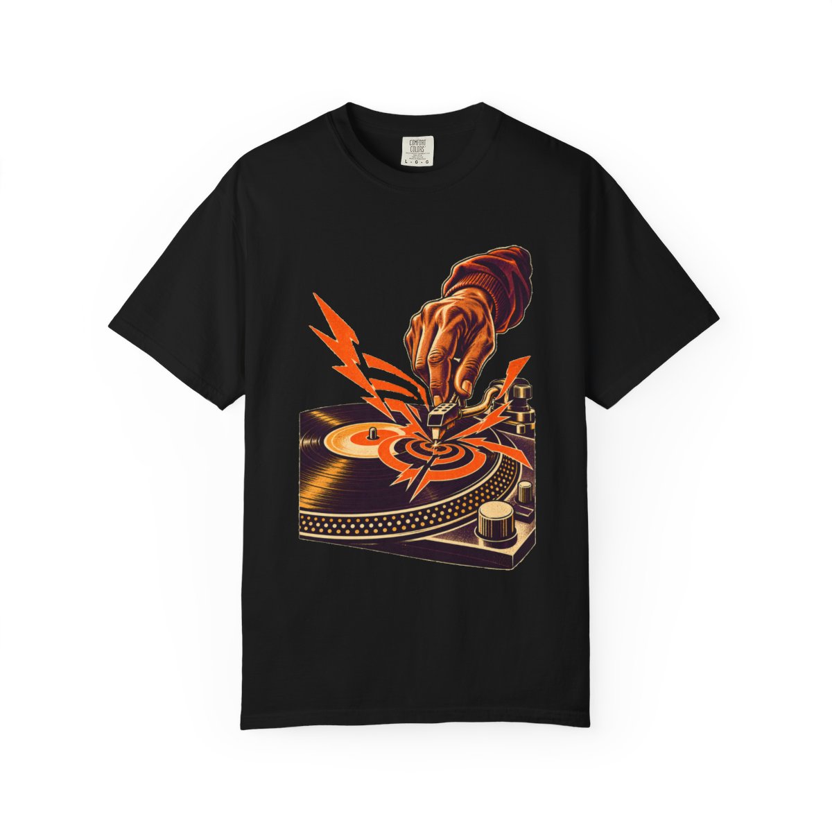 Needle Drop Tee large front print on a Black Comfort Colors 1717 tee