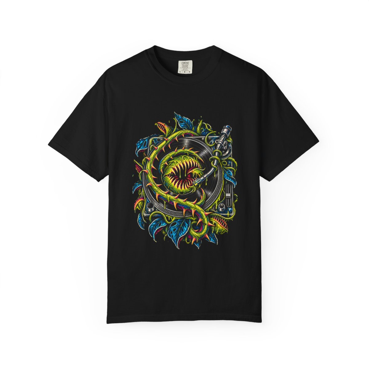 Needle Vine Tee large front print on a Black Comfort Colors 1717 tee