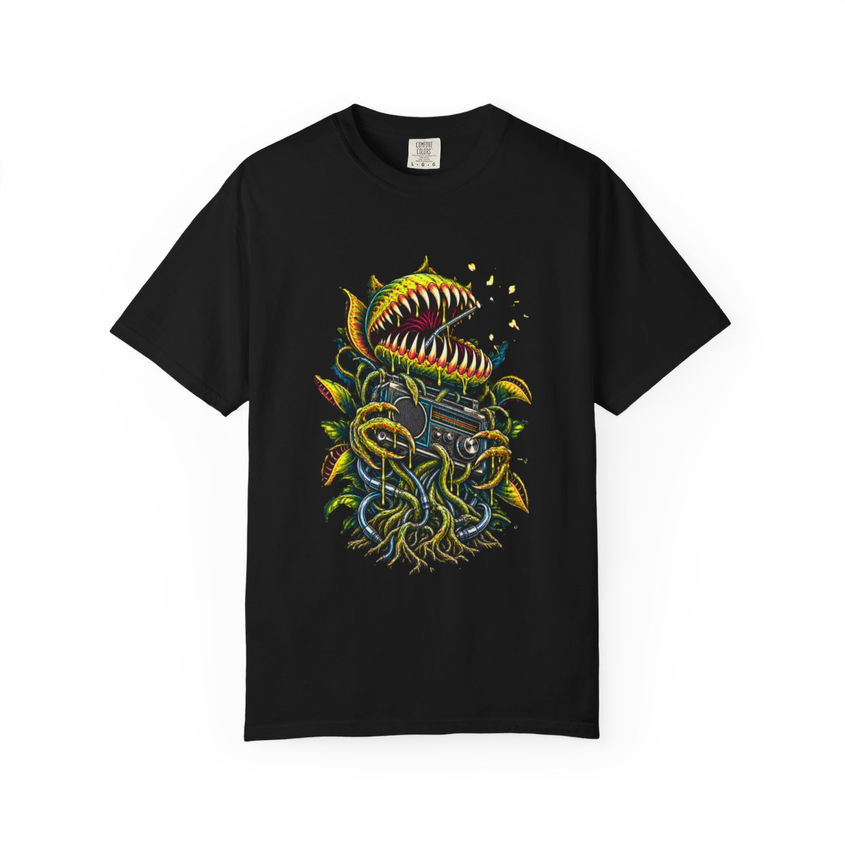 Signal Eater Tee large front print on a Black Comfort Colors 1717 tee