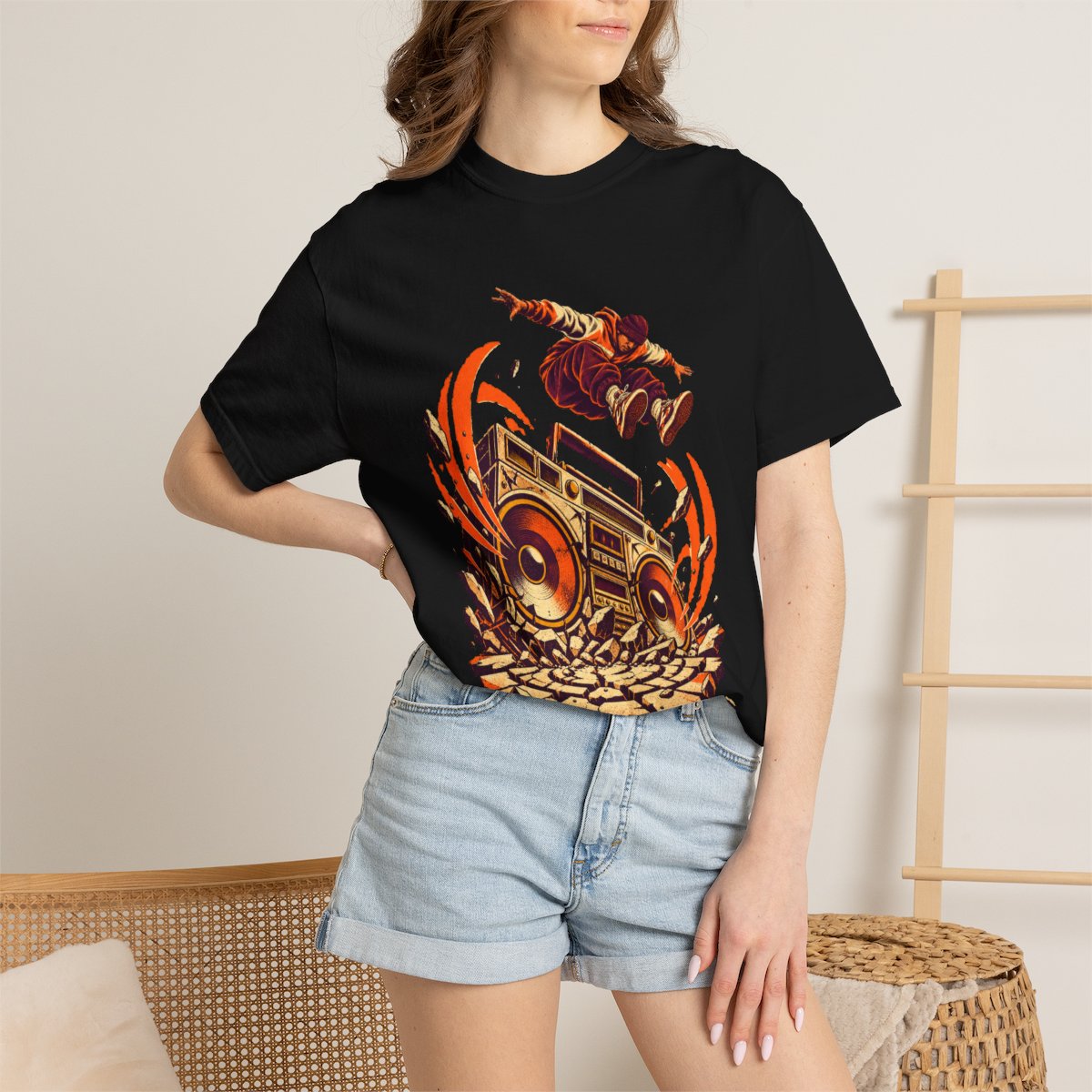 Speakerquake Tee worn Printify context view on a Black Comfort Colors 1717 tee