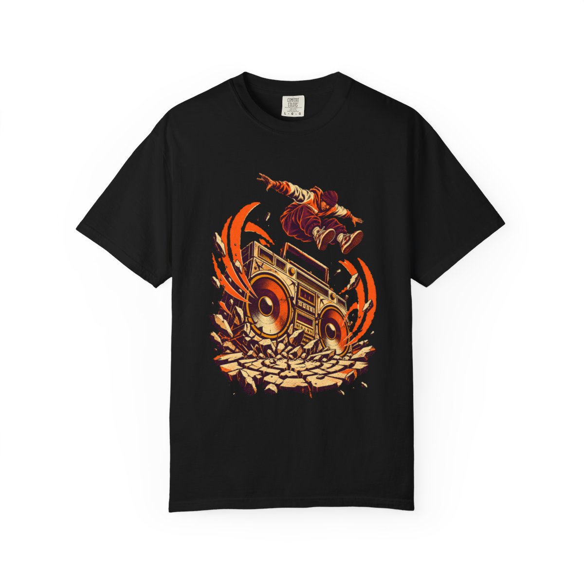 Speakerquake Tee large front print on a Black Comfort Colors 1717 tee