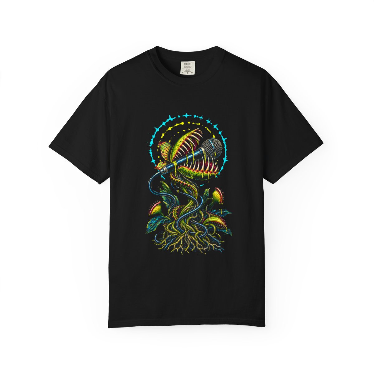Venus Feedback Tee large front print on a Black Comfort Colors 1717 tee