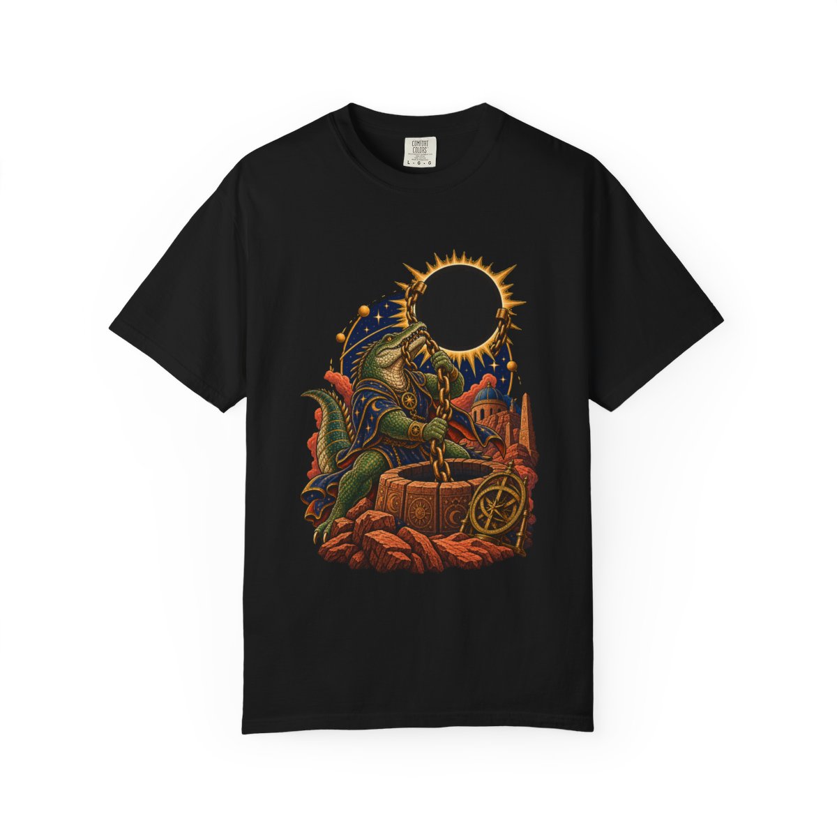 Black Sun Well Tee large front print on a Black Comfort Colors 1717 tee