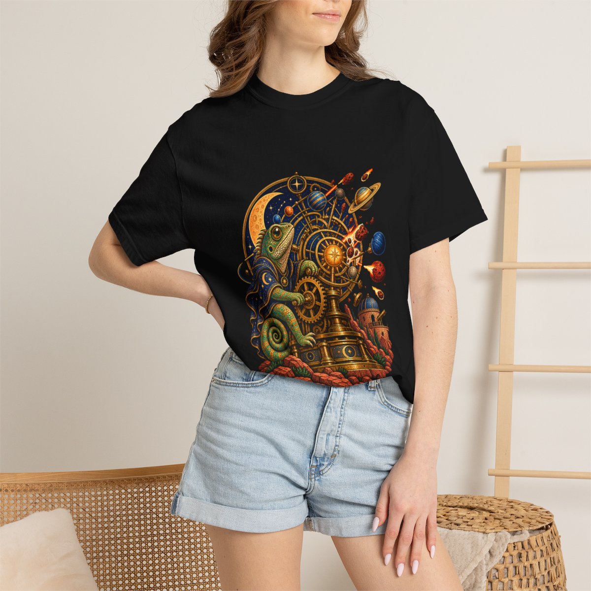 Meteor Clock Tee worn Printify context view on a Black Comfort Colors 1717 tee