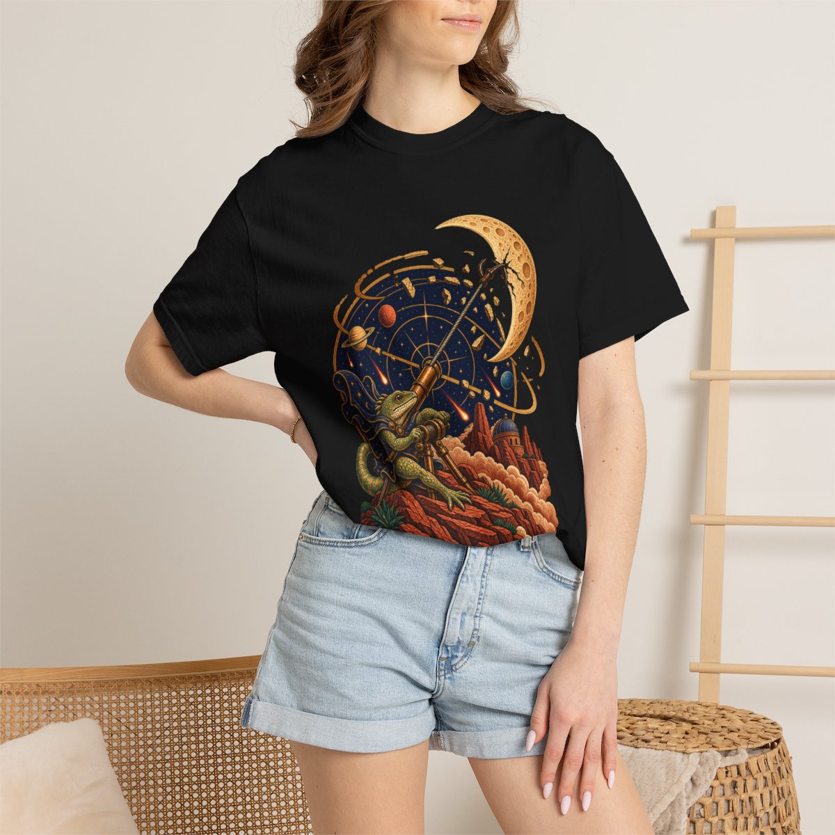 Moonhook Tee worn Printify context view on a Black Comfort Colors 1717 tee
