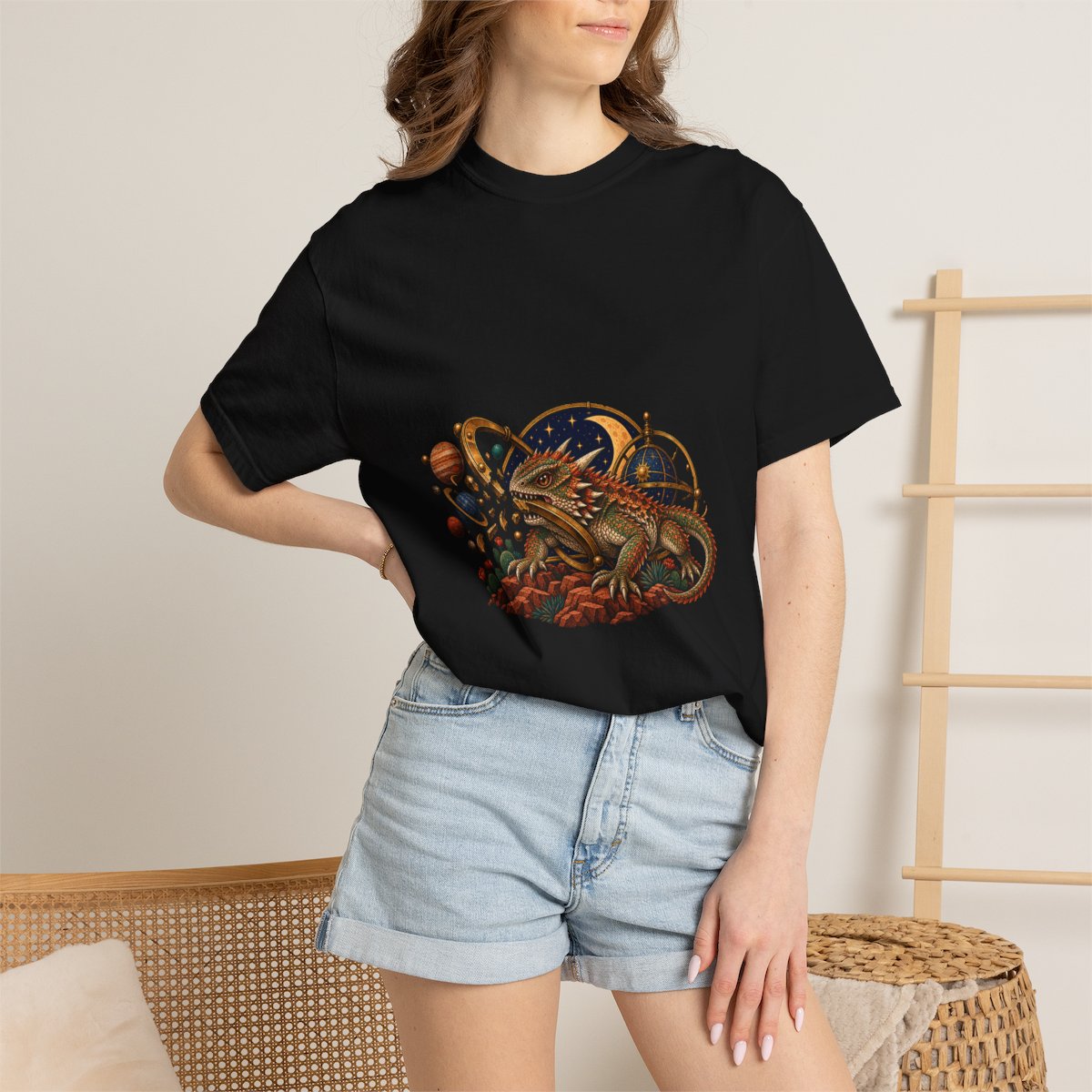 Orbit Breaker Tee worn Printify context view on a Black Comfort Colors 1717 tee