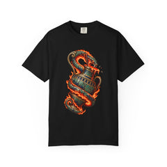 Fired Serpent Tee large front print on a Black Comfort Colors 1717 tee